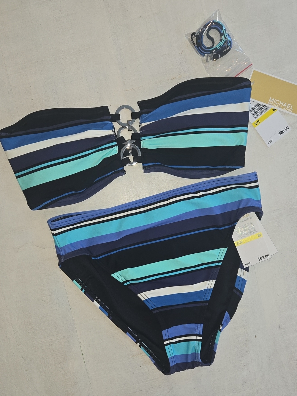 Michael Kors Navy Aqua Striped Bandeau Bikini Set O-Ring Detail NWT Size Medium